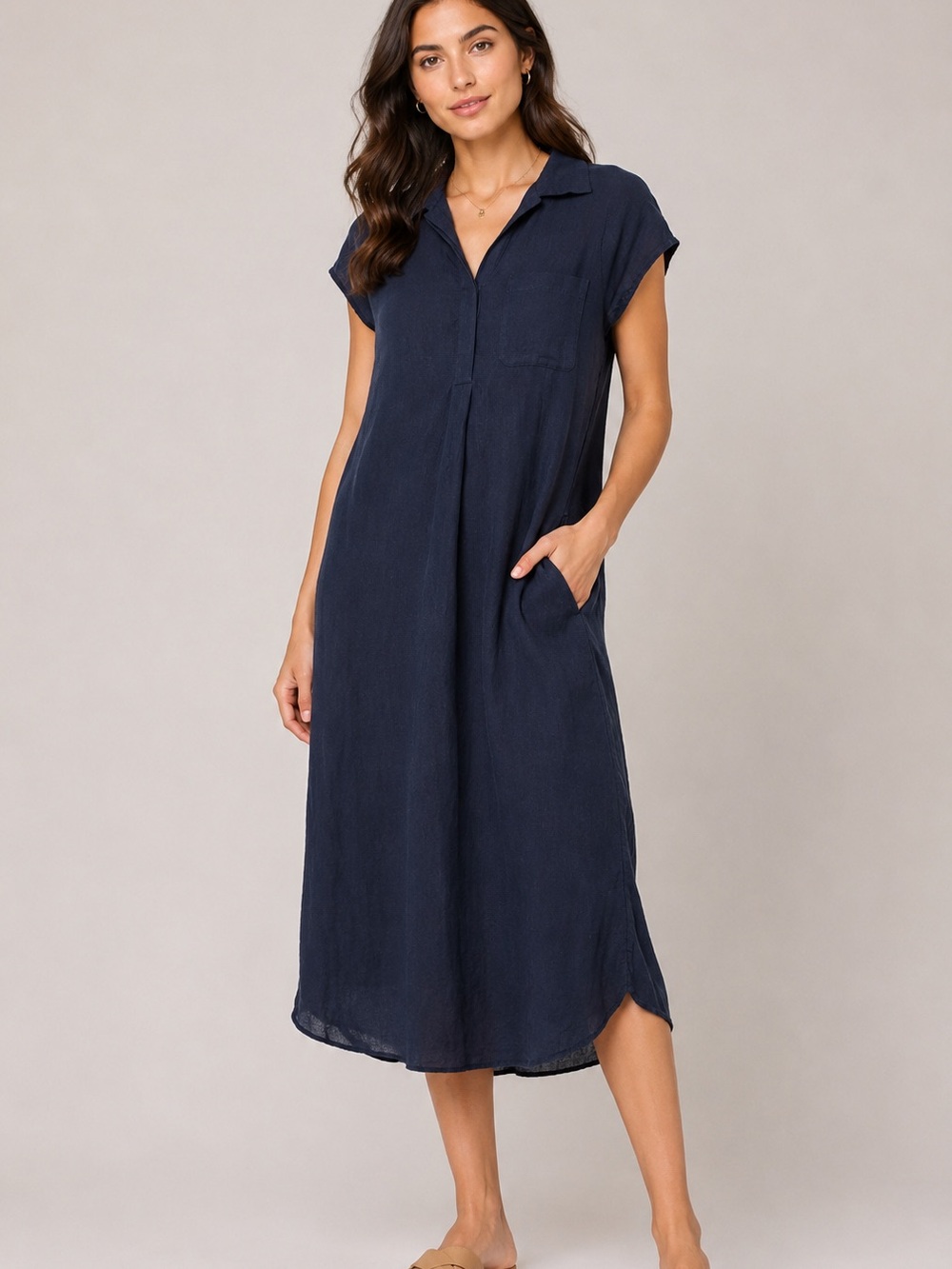 Holiday Linen Navy Shirt Dress Collared Midi Dress Short Sleeve